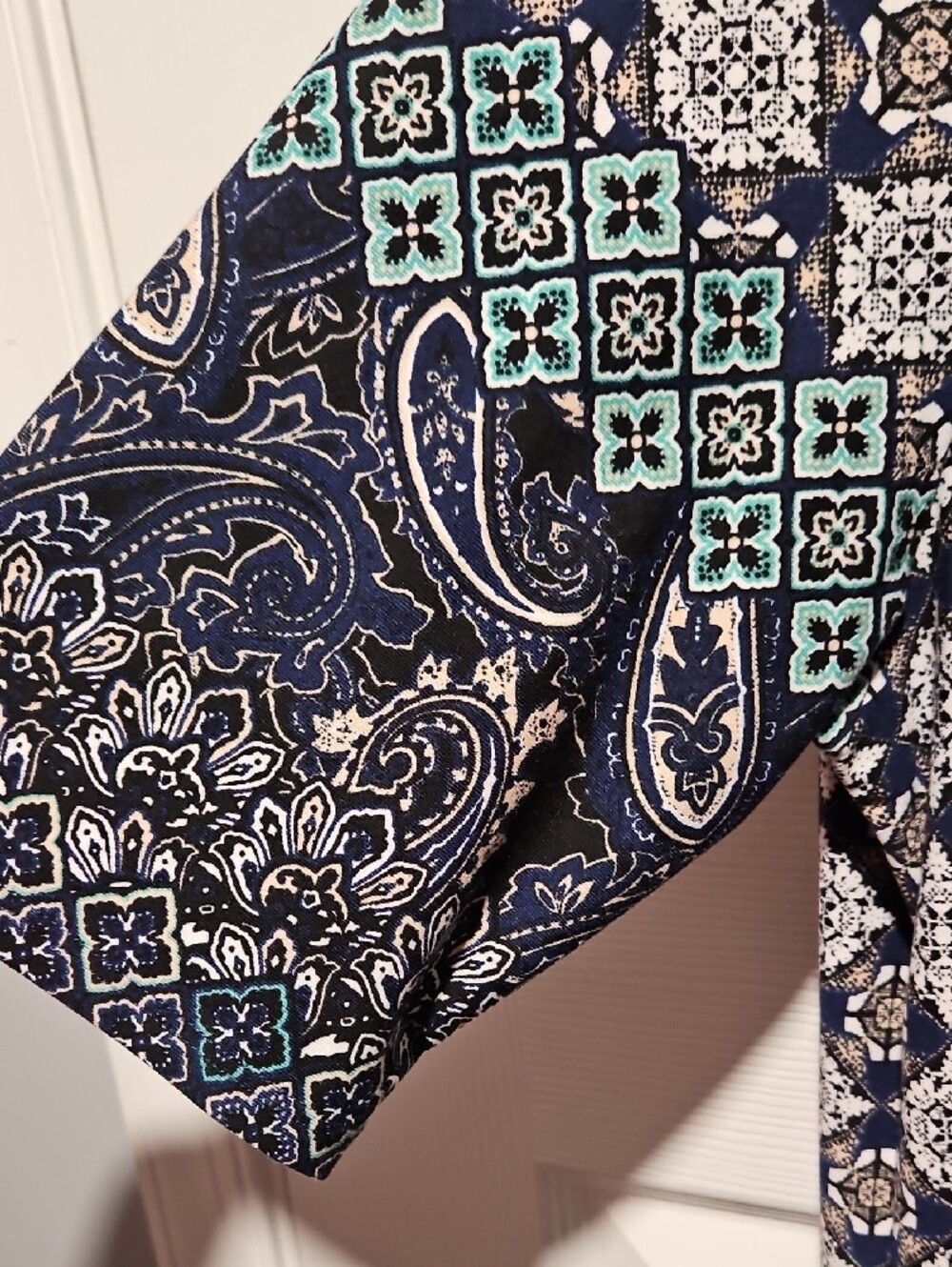 LuLaRoe Navy & White Patterned Midi Dress with Teal Accents - Picture 3 of 5